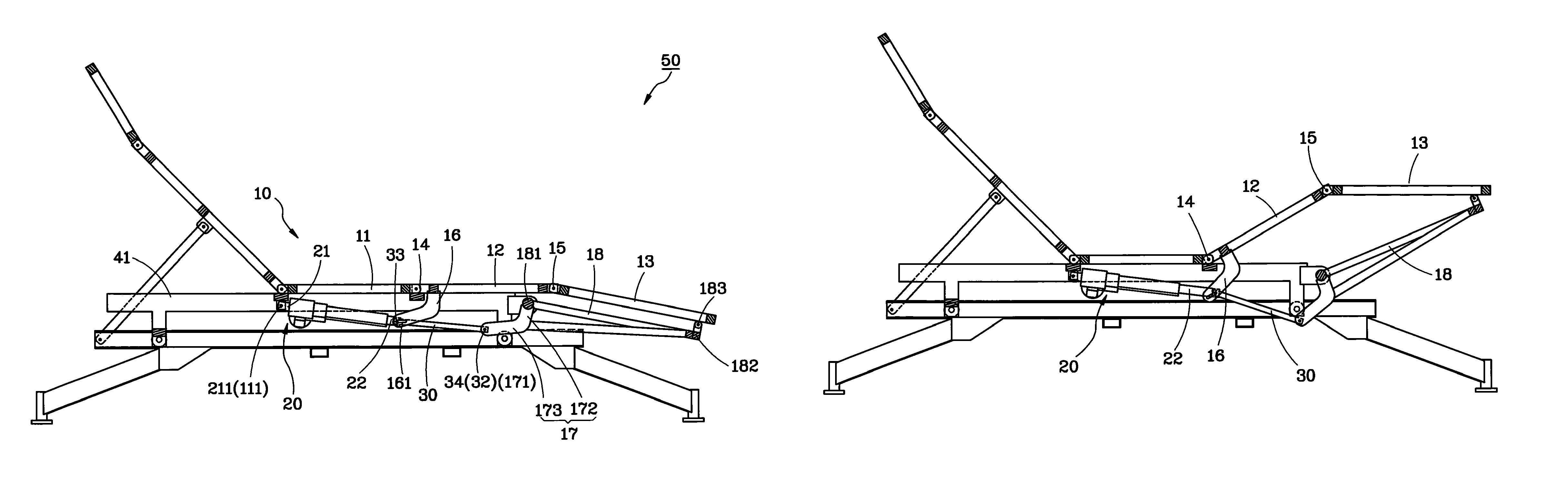 Leg lift mechanism for electric bed or chair