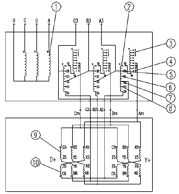 Double-extended-triangle descending voltage regulation rectifier transformer