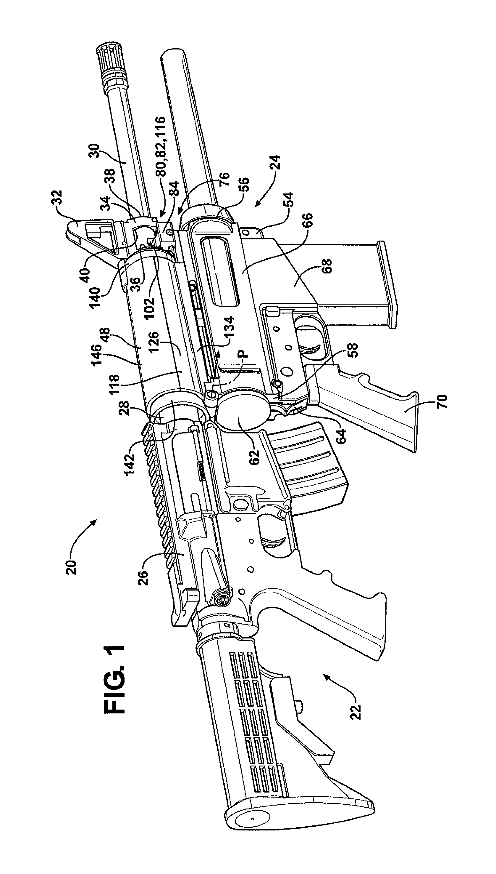 Firearm assembly including a first weapon and a second weapon selectively mounted to the first weapon