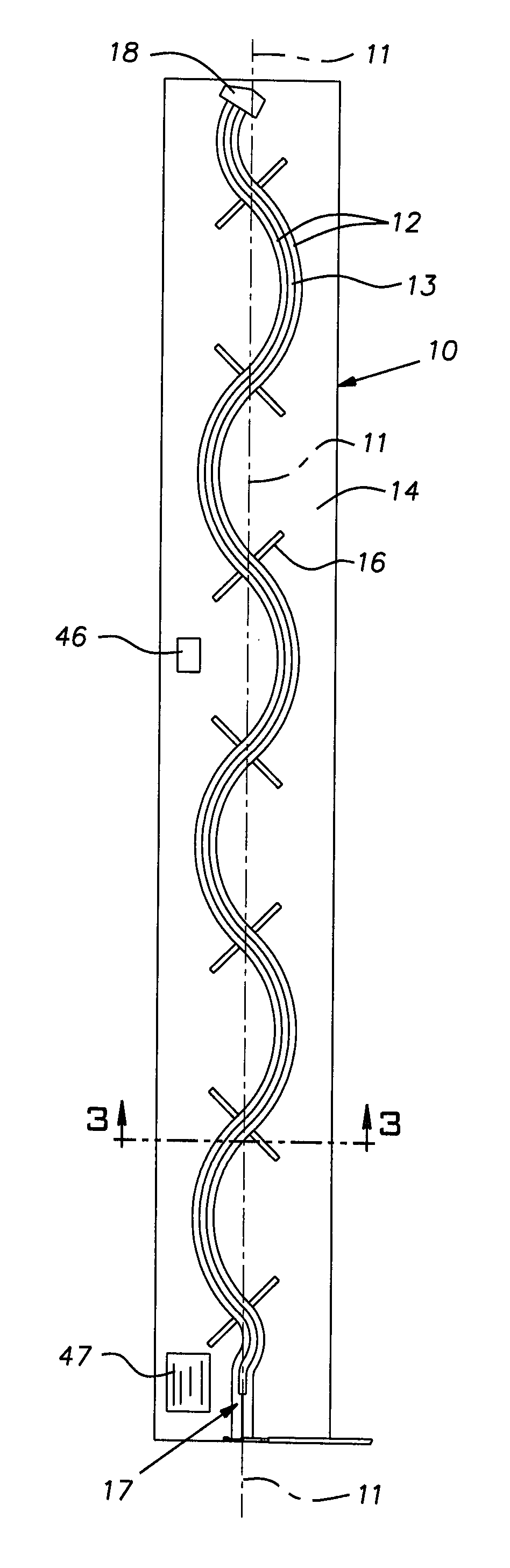 Elongated twin feed line RFID antenna with distributed radiation perturbations