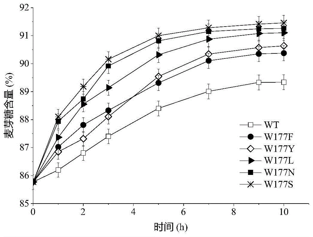 Maltogenic amylase mutant with low conversion byproducts and mutation method of maltogenic amylase mutant