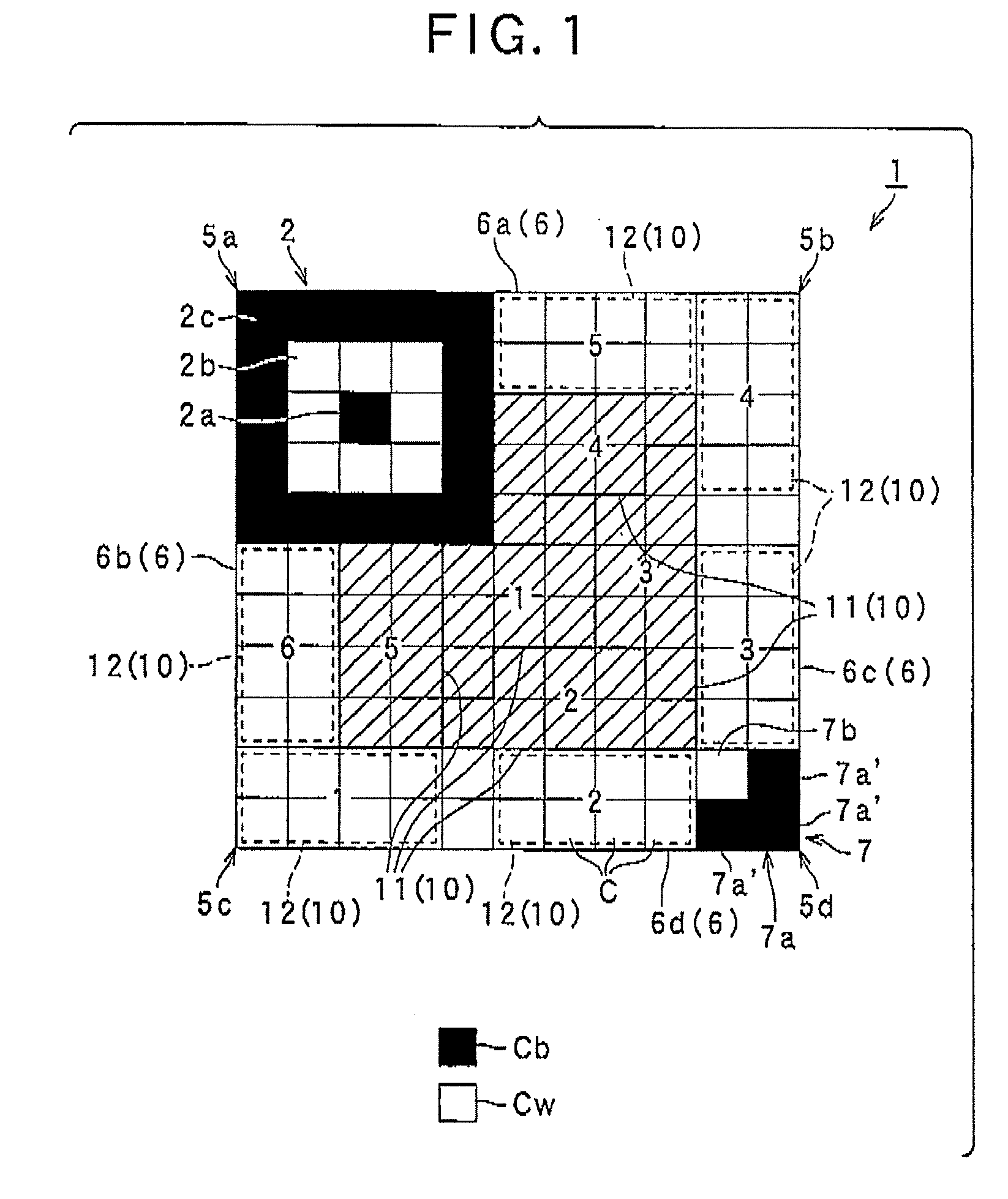 Two-dimensional code having rectangular region provided with specific patterns for specification of cell postions and distinction from background