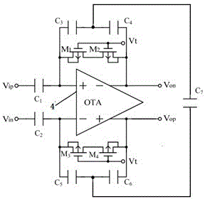 CMOS (complementary metal-oxide semiconductor transistor) biomedical signal acquisition unit in differential capacitance network feedback structure