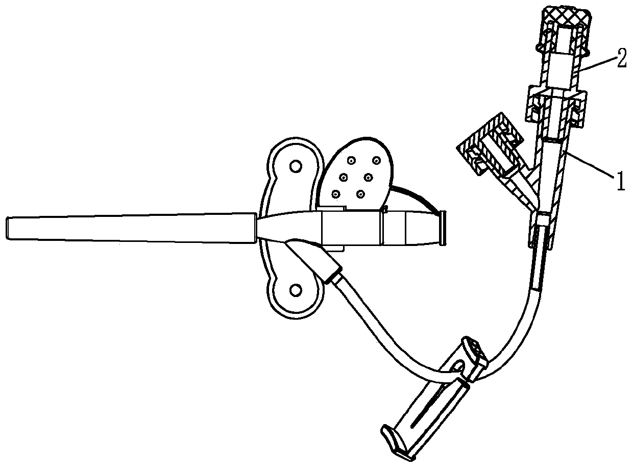 Medical infusion connector with shut-off valve connected to indwelling catheter outside the body