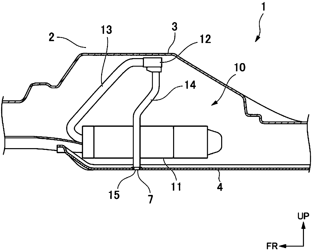 Discharge tank of evaporative fuel processing device and vehicle