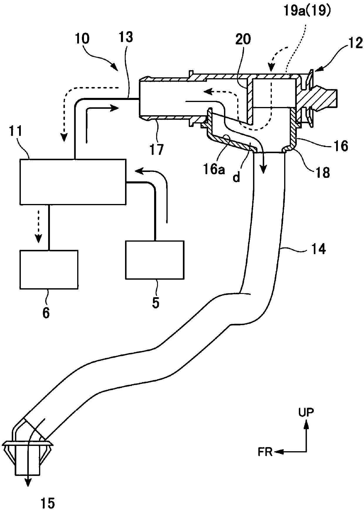 Discharge tank of evaporative fuel processing device and vehicle