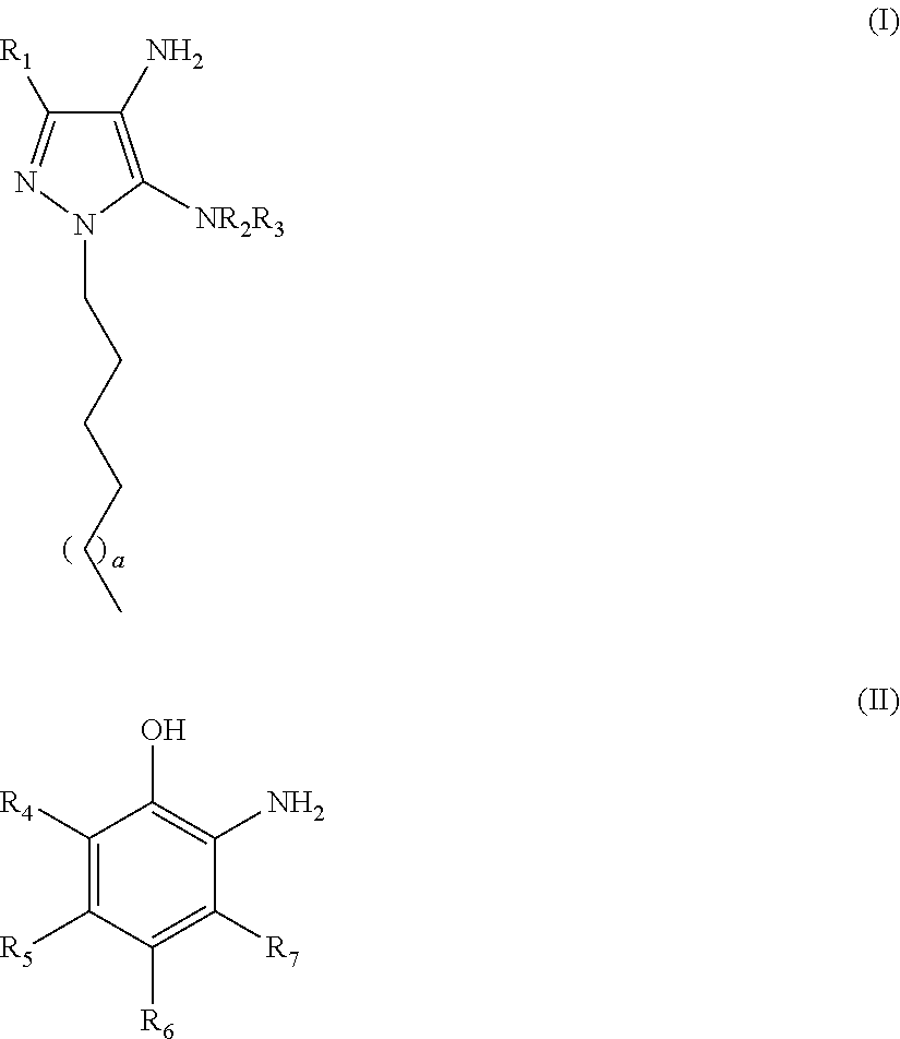 Oxidative dyeing compositions comprising an 1-hexyl/heptyl-4,5-diaminopyrazole and a 2-aminophenol and derivatives thereof