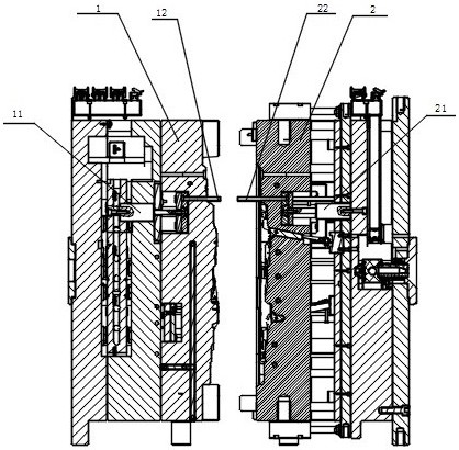 An injection mold for one-time molding of lightweight composite automobile inner door panels