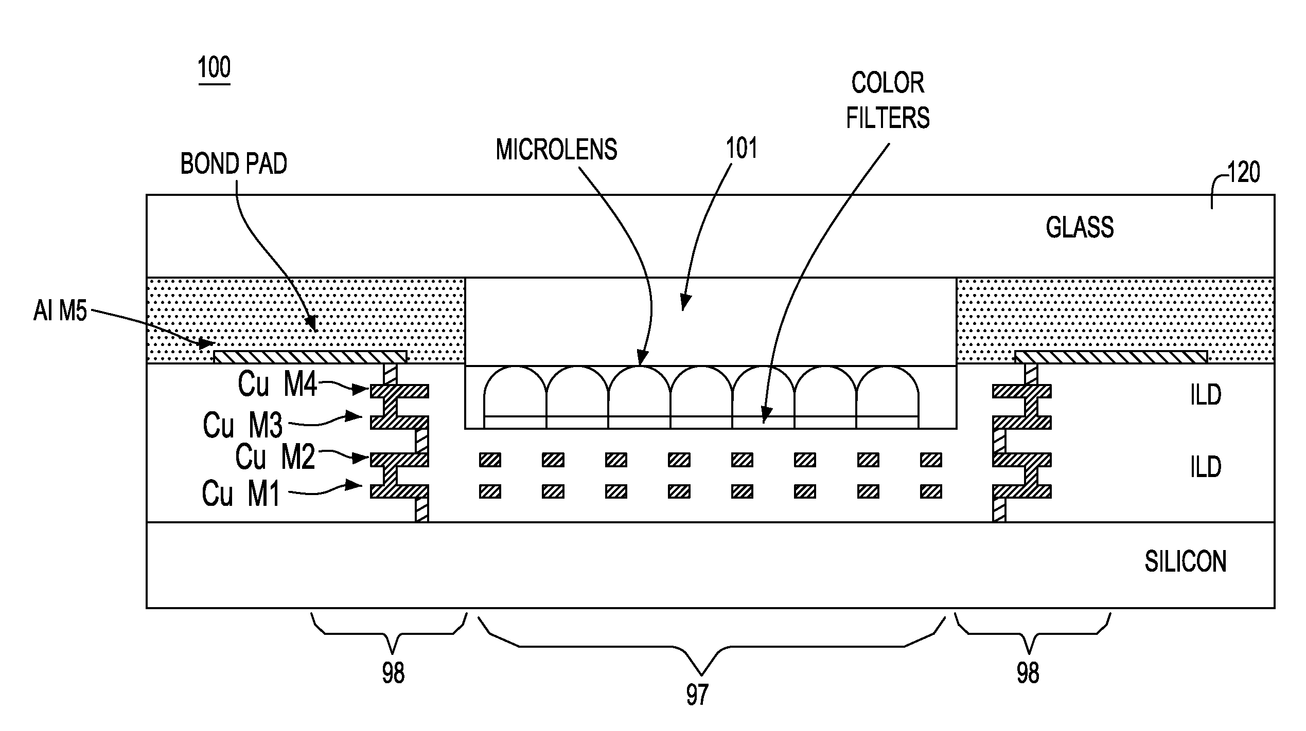 CMOS imager array with recessed dielectric