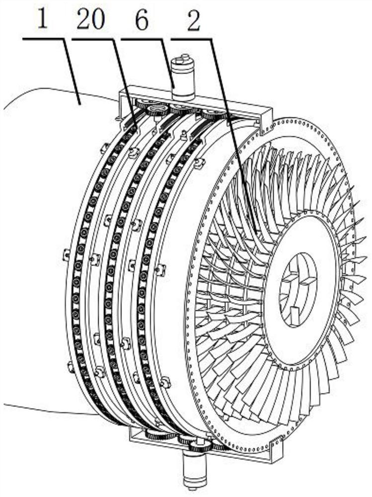Space gear train stator blade adjusting device and turbine engine