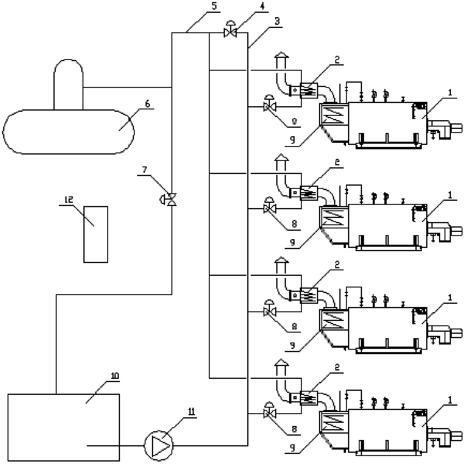 Water feeding system for multiple condensing boilers