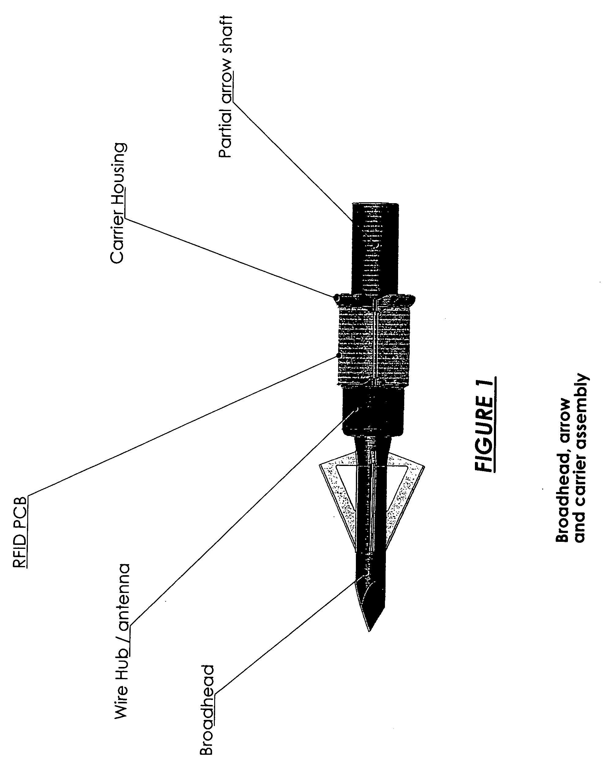 Apparatus carrying a mounted RFID circuit for the purpose of deploying and generating a tracking signal (post shot only) from an arrow