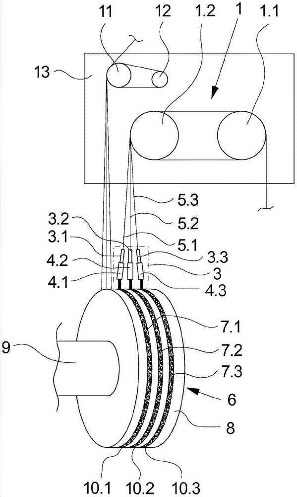 Device for guiding and texturing a plurality of synthetic threads