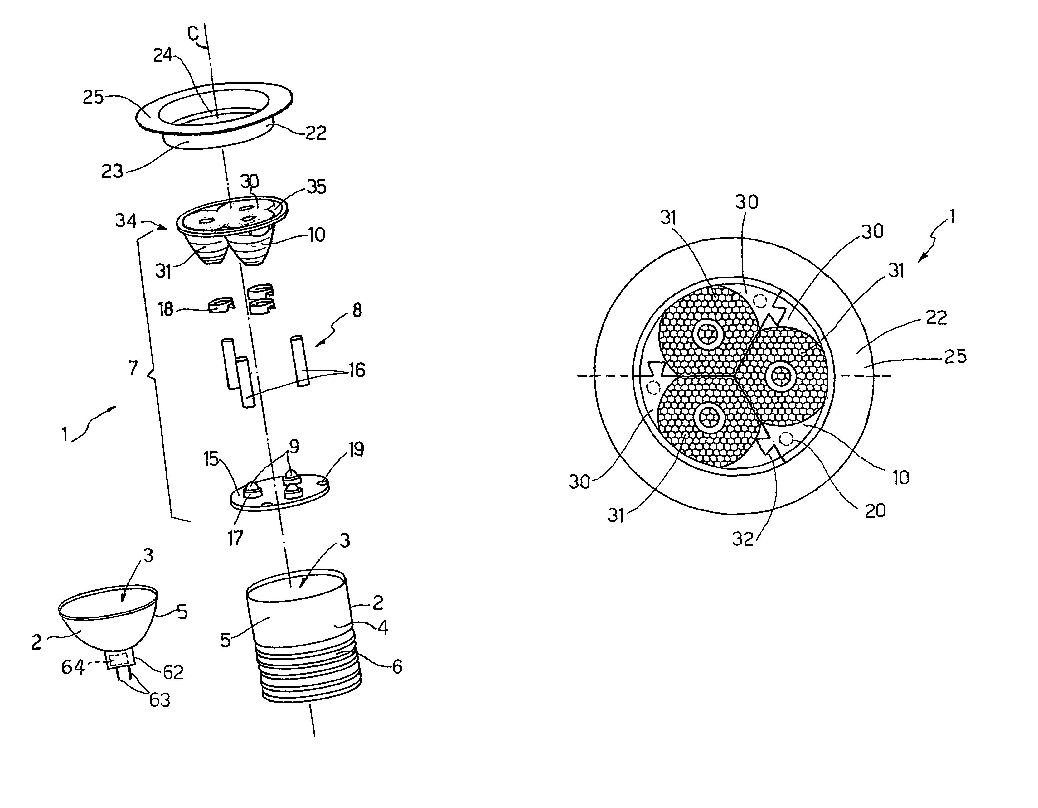 Multiple optical assembly for a LED lighting device, and red lighting device comprising such an optical assembly