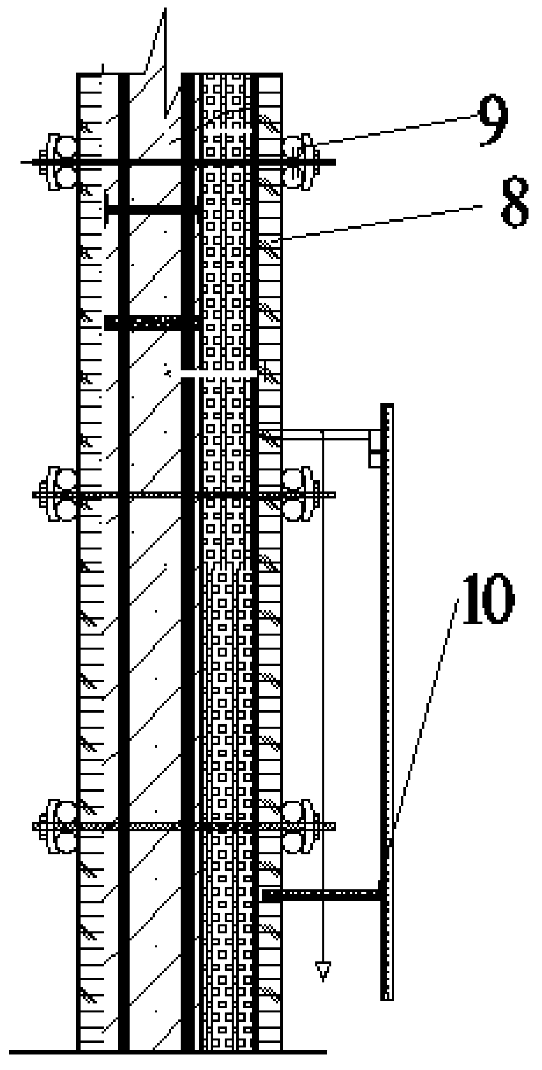 Verticality measuring device after complete installation of a wall template and construction method