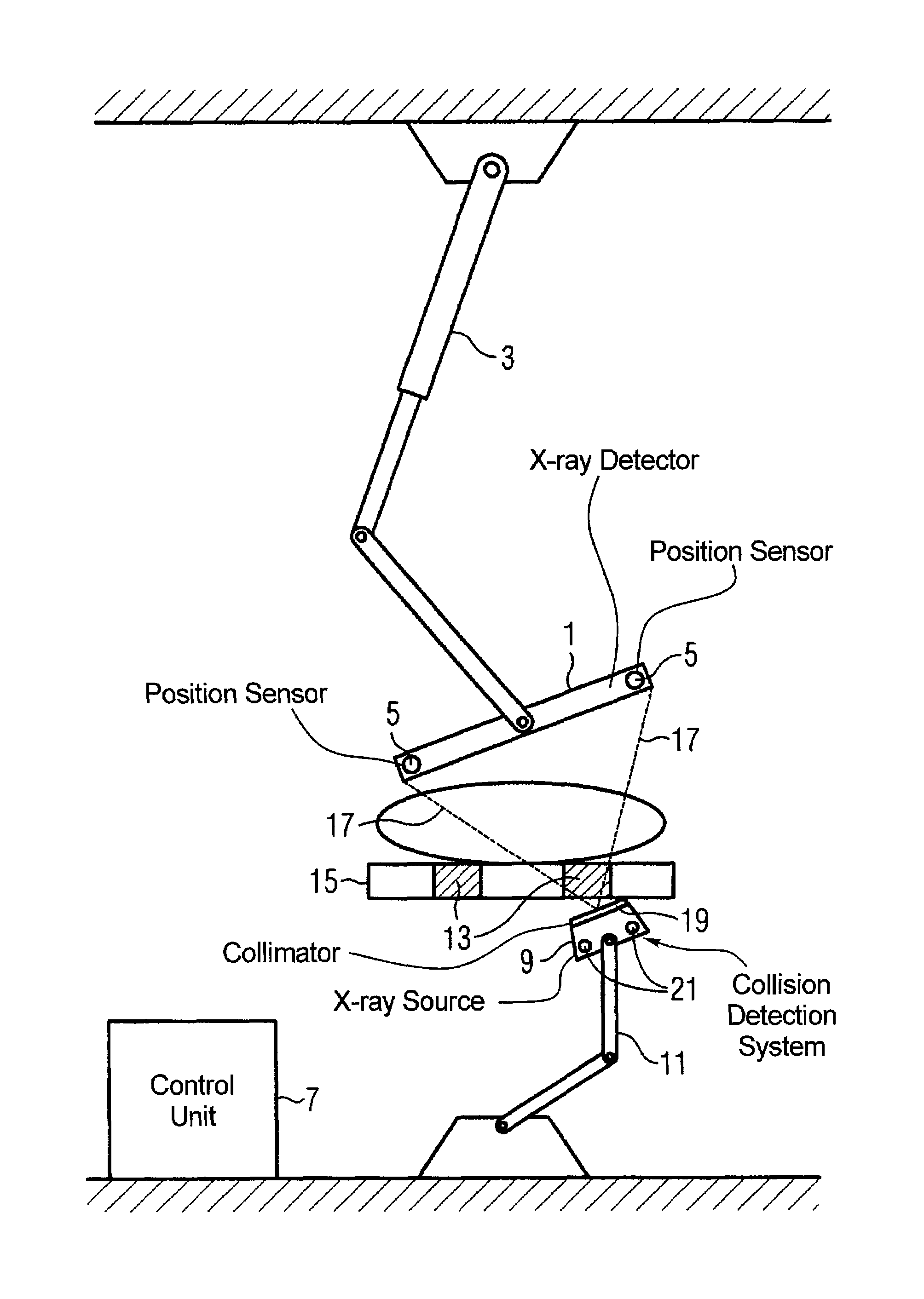 X-ray apparatus with component positioning coordinated with radio-opaque objects in examination room