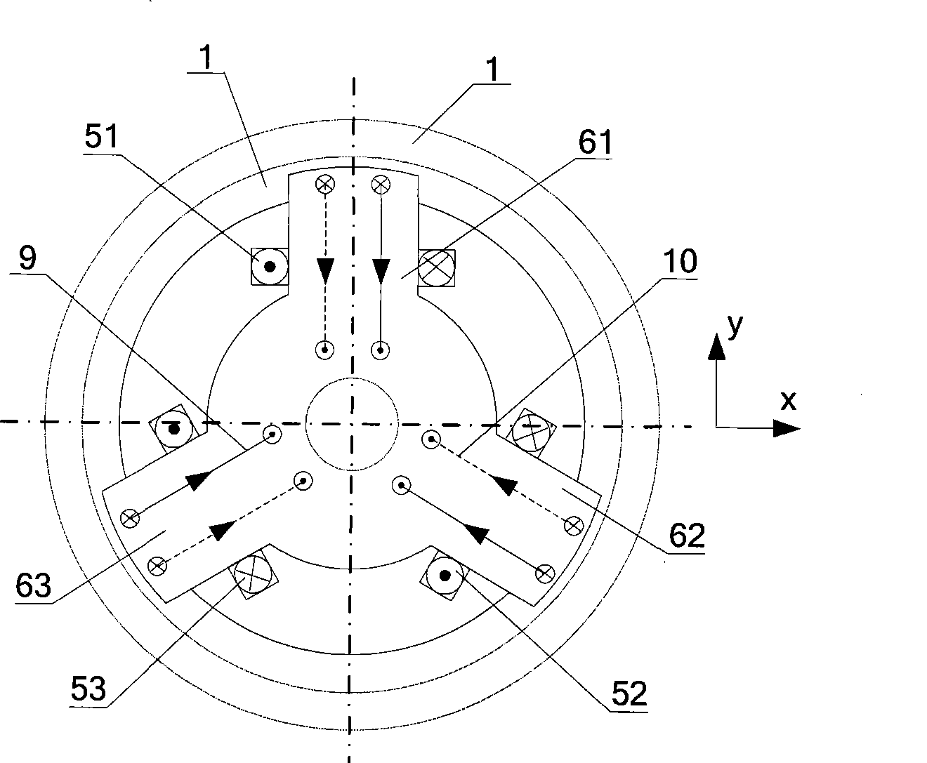 External rotor radial-axial three freedom degree mixed magnetic bearing