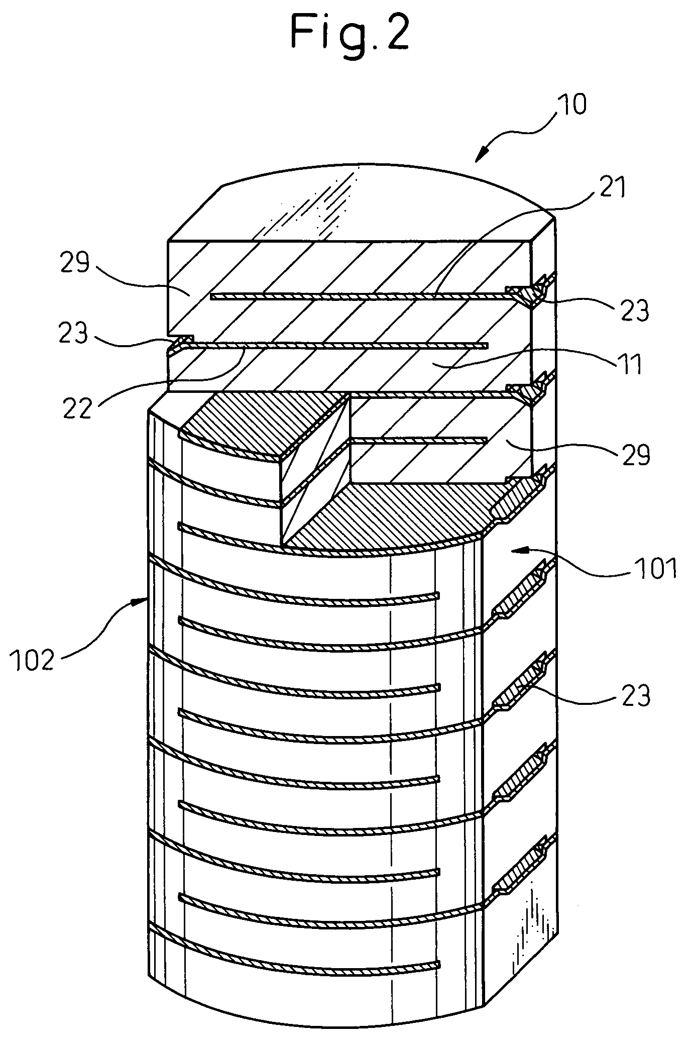 Stacked piezoelectric element and method of fabrication thereof