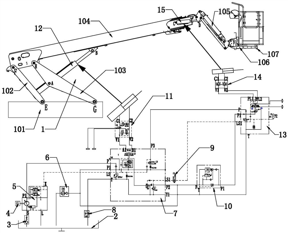 Amplitude-changing leveling hydraulic control system for boom type aerial work platform