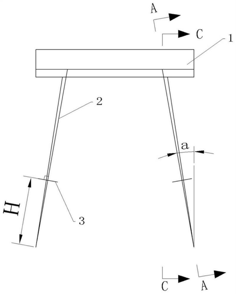 The method of arranging the rear end plate of the three-pronged oblique arm on the vertical plane of the projection line of the middle arm