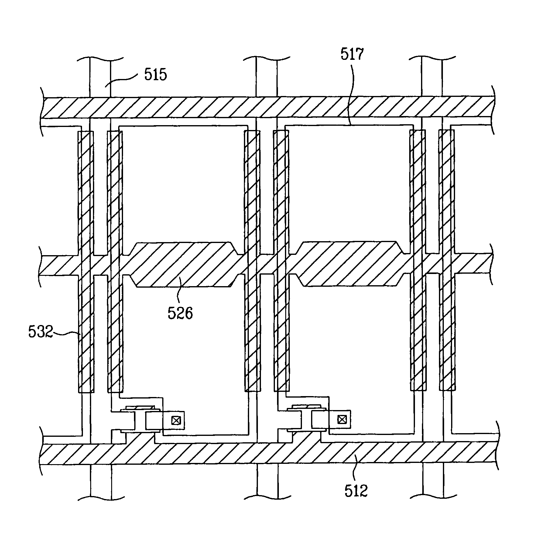Liquid crystal display device having common line parallel to and between gate line and pixel electrode with light shield projecting from common line parallel to data line and overlapping area between data line and pixel electrode