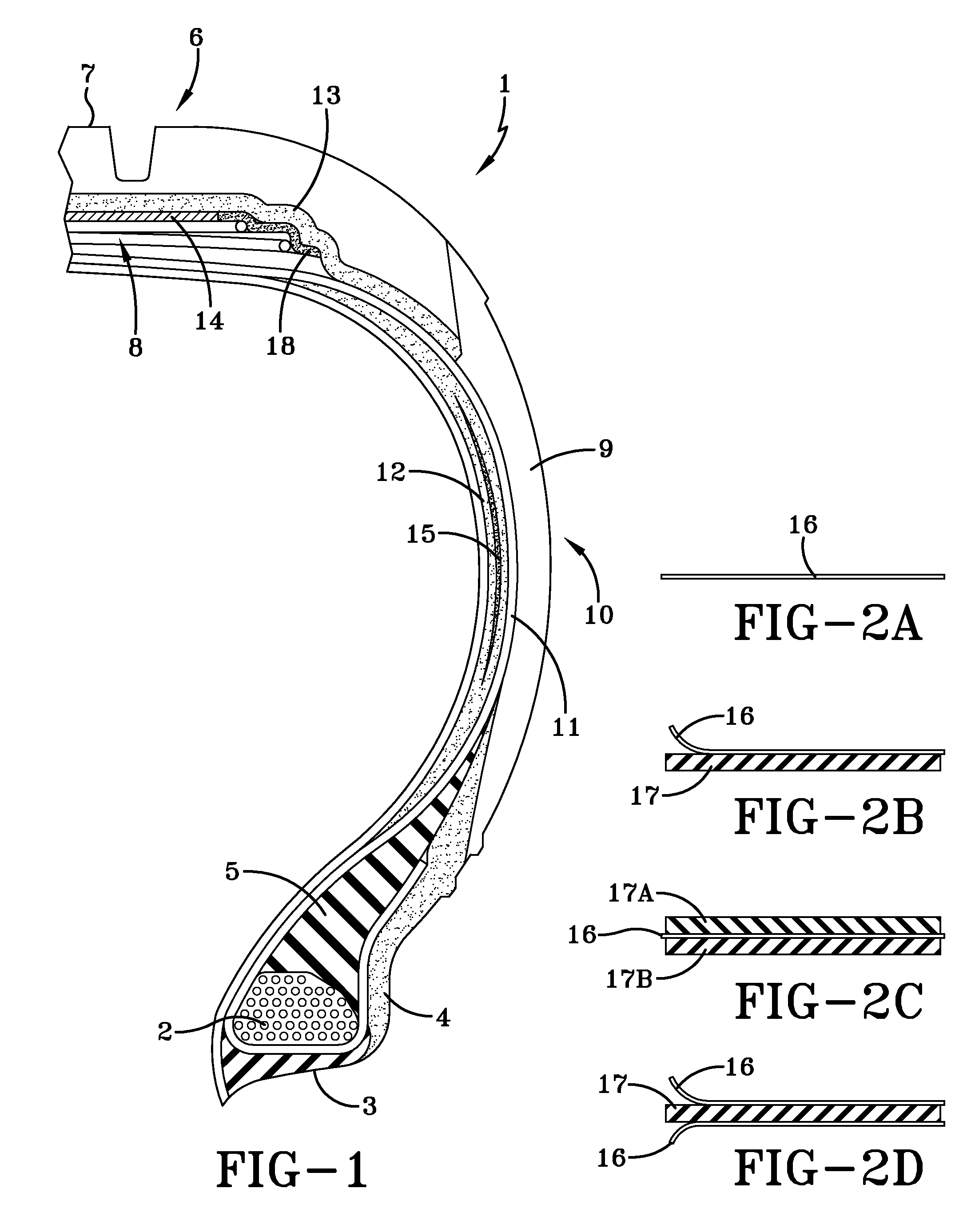 Tire with rubber component comprised of a composite of rubber and film of syndiotactic polybutadiene integral with its surface