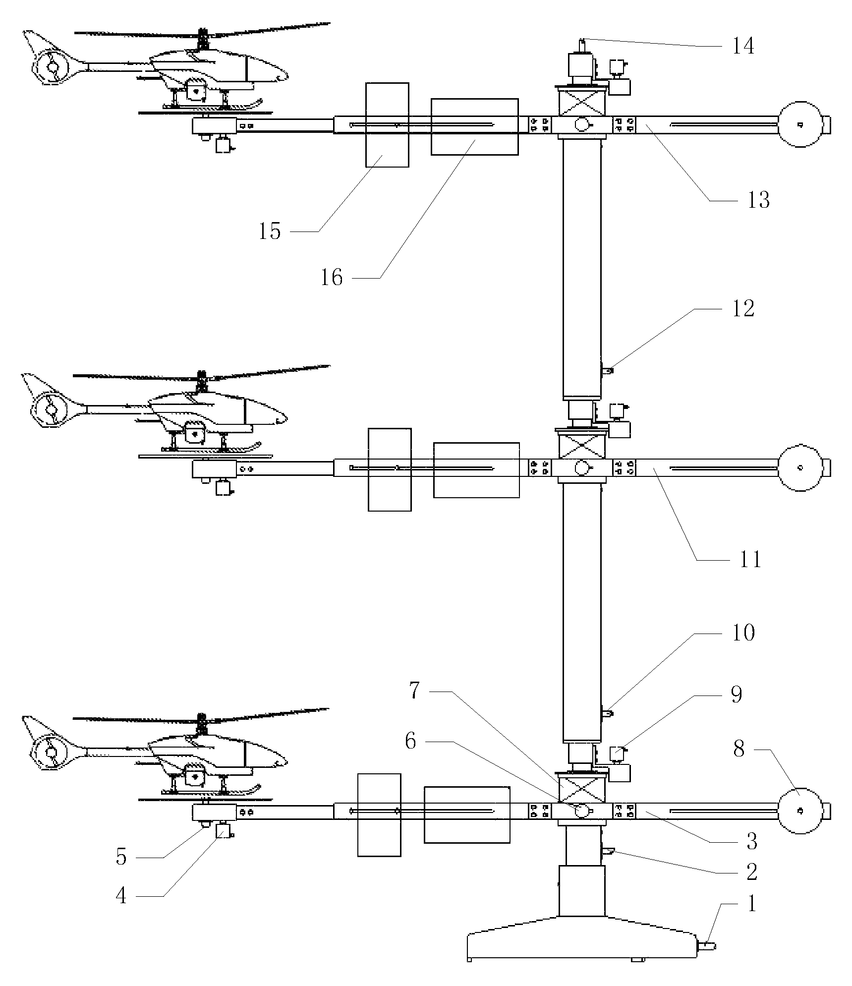 Indoor testing device for a plurality of rotor-containing flying objects