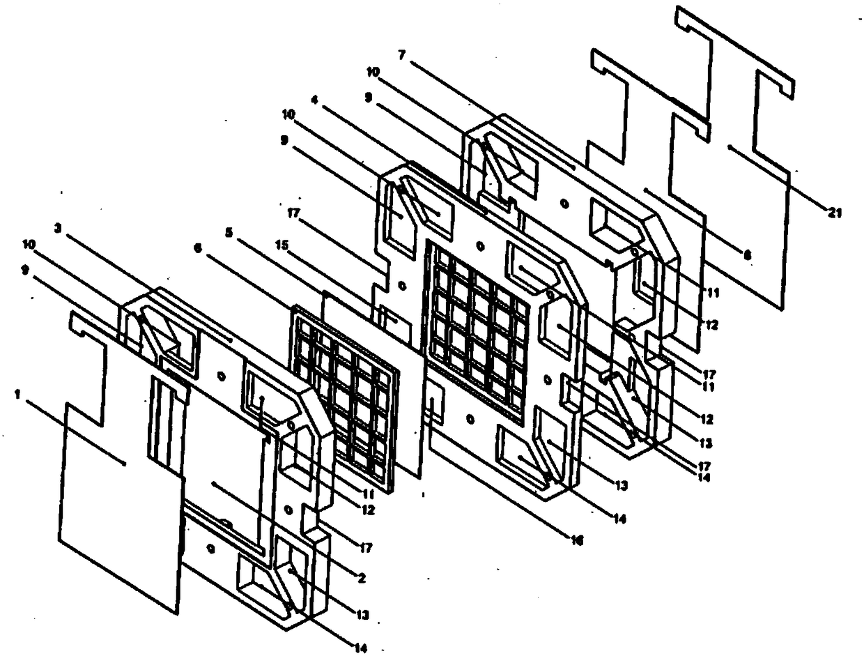 Filter press device for electroplating metal from solutions, which is formed by separating elements formed by ion-exchange membranes, forming a plurality of anolyte and catholyte chambers, the electrodes being connected in series with automatic detachment of the metallic product