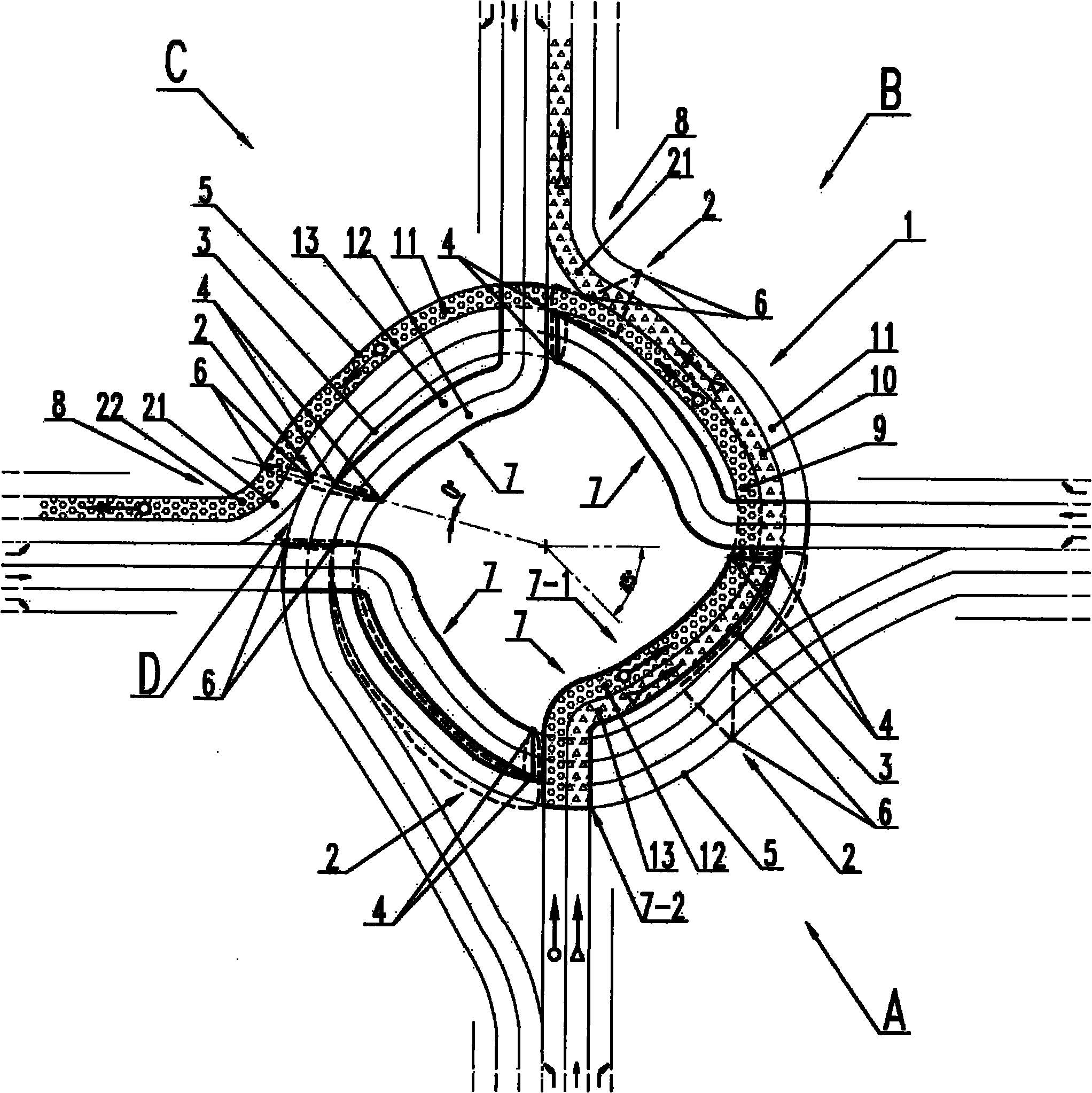 Combination structure of four single bridges turning in same direction and ring-shaped groove lane at crossroad