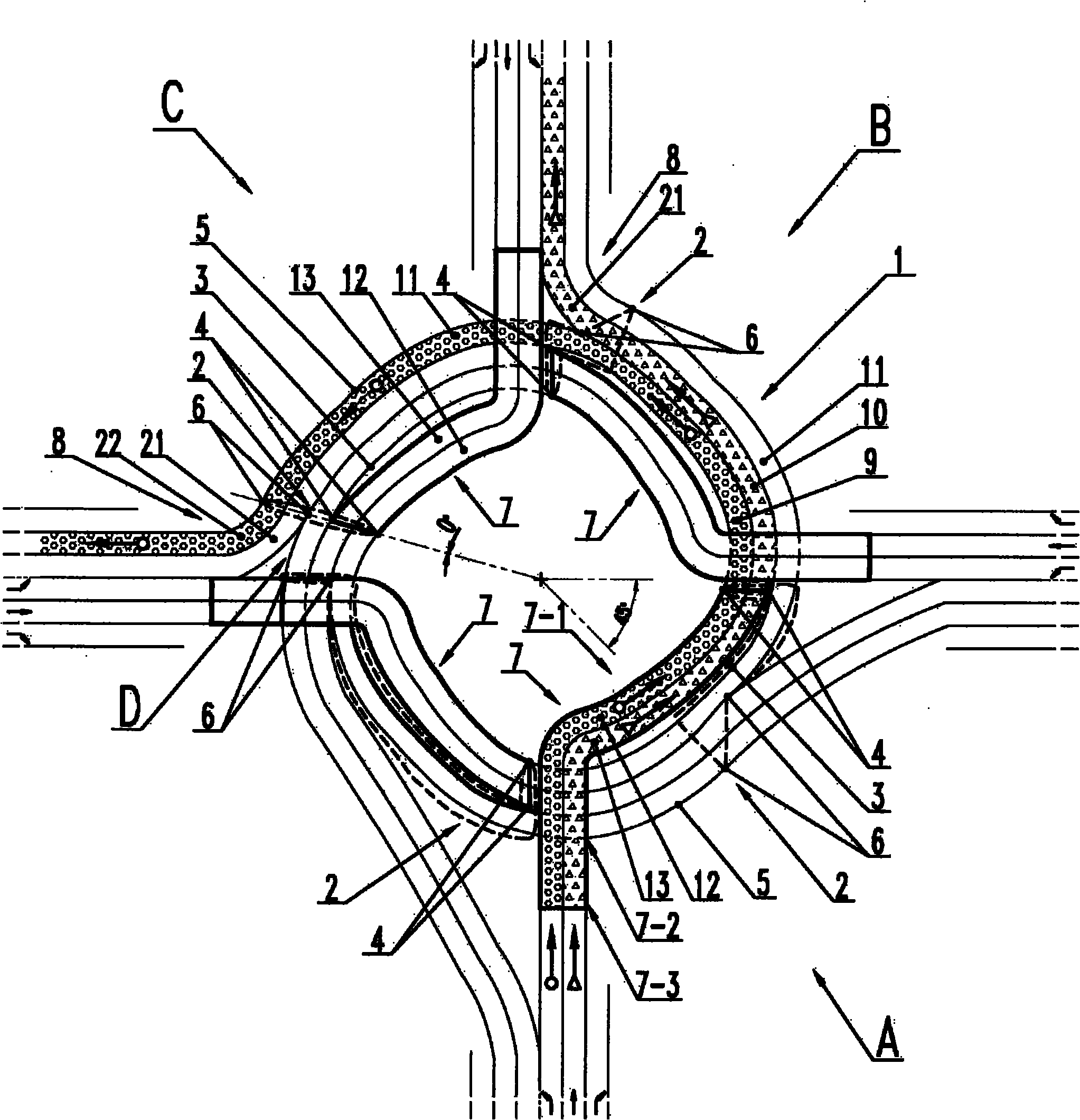 Combination structure of four single bridges turning in same direction and ring-shaped groove lane at crossroad