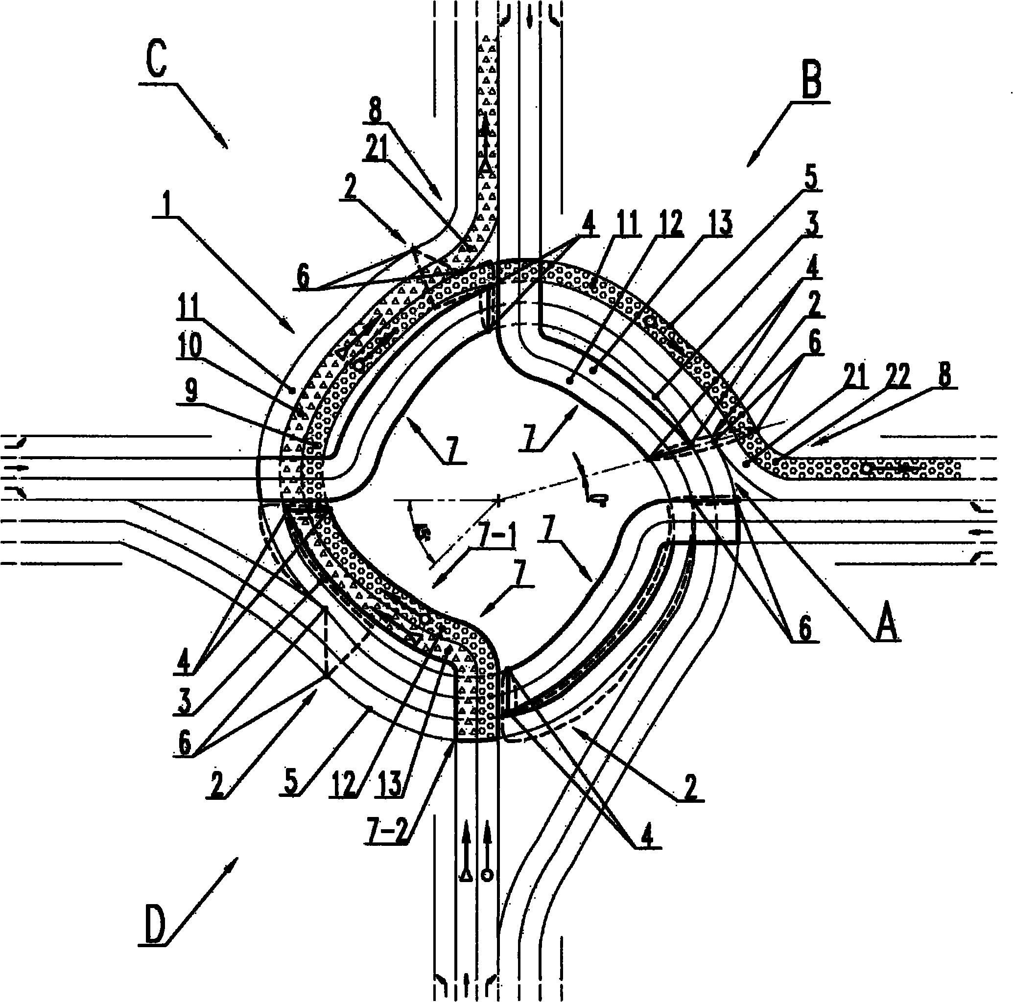 Combination structure of four single bridges turning in same direction and ring-shaped groove lane at crossroad