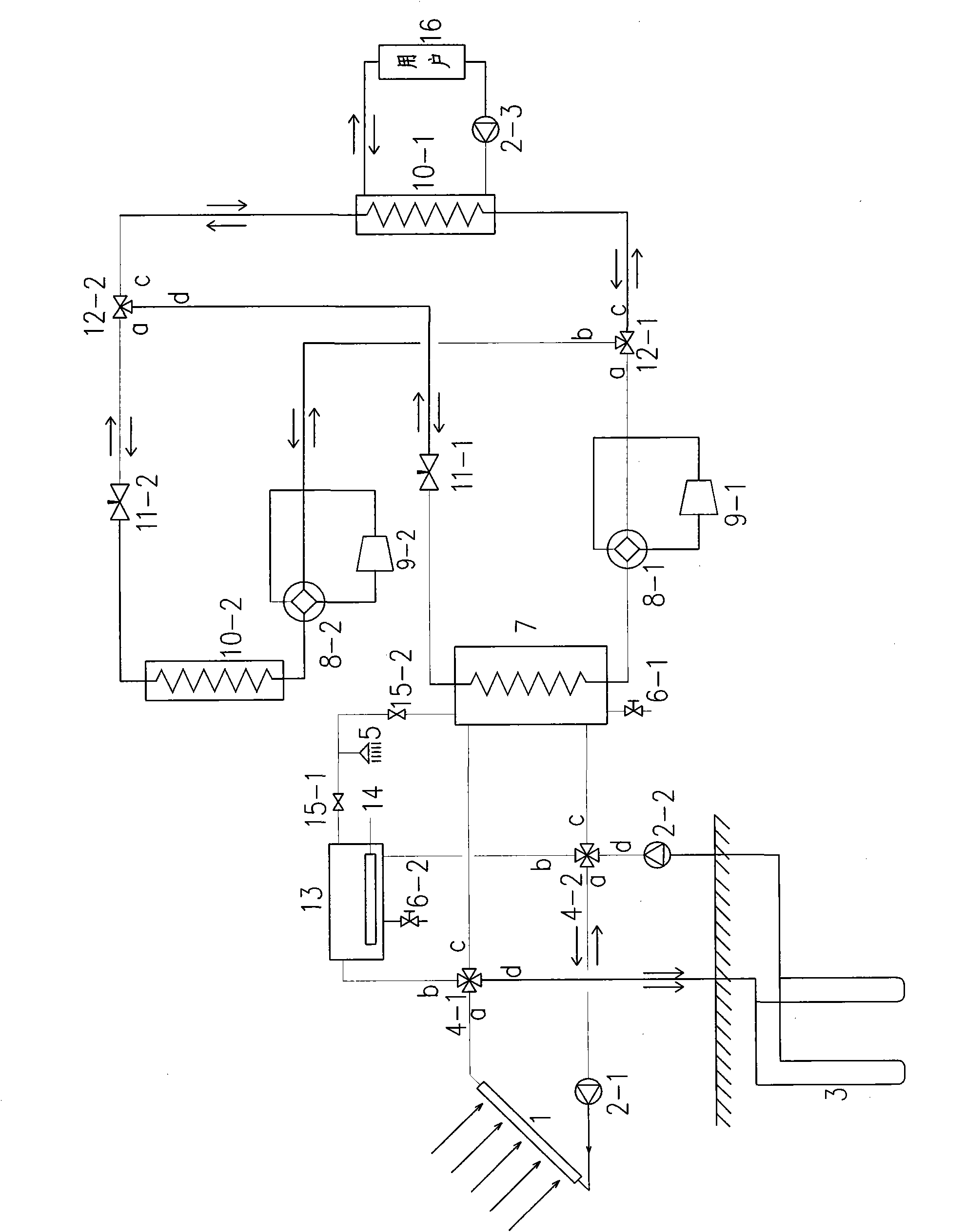 Solar-air-geothermal multisource dual-machine heat pump heat supply and air conditioning composite system