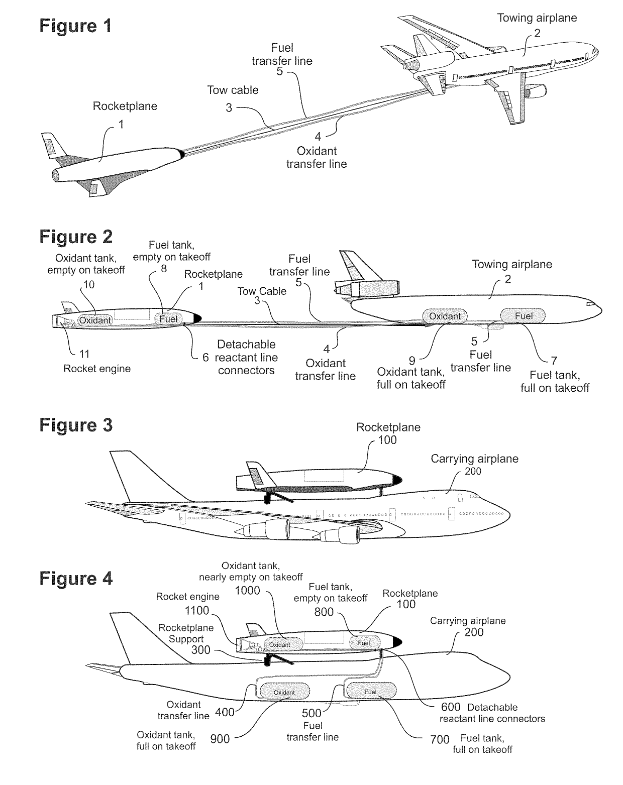 In-flight transfer of reactant from a towing or carrying airplane to an attached rocket or rocketplane