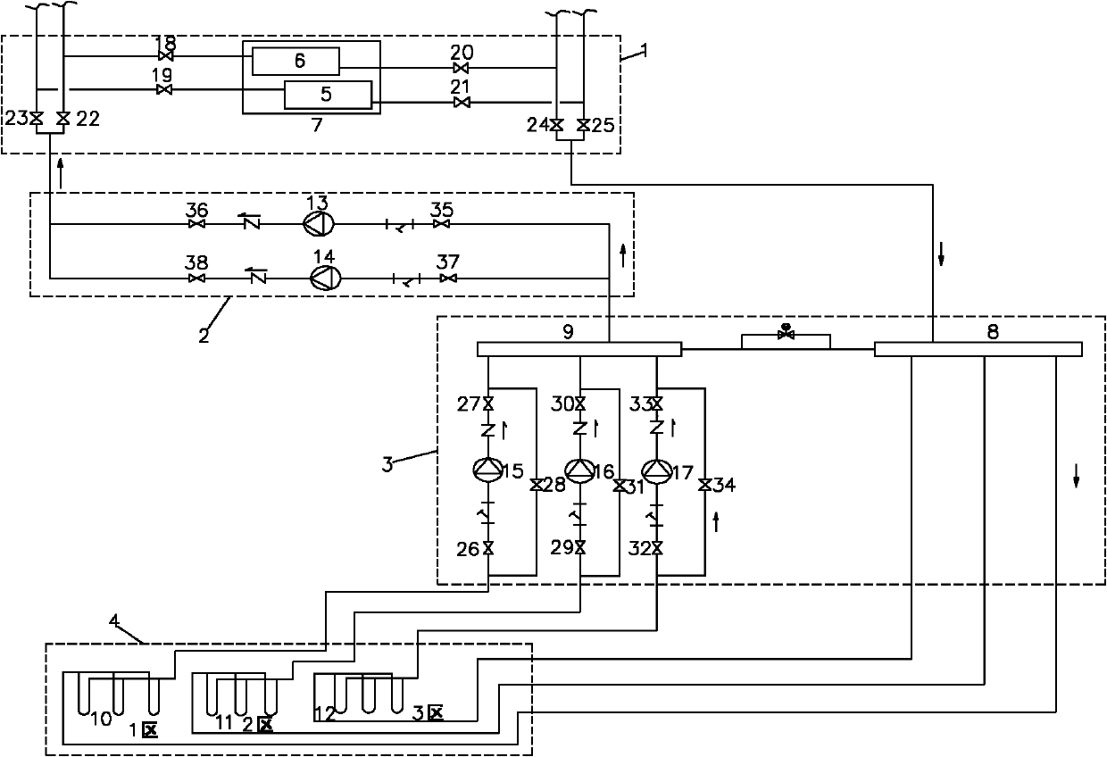 Ground source heat pump air-conditioning system for sectional regulation and control of ground heat exchangers