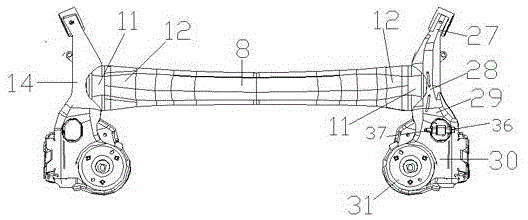 Rear-axle assembly with overlapping of torsion-beam main beam, upper-plate side beam and lower-plate side beam and manufacture method thereof
