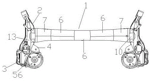 Rear-axle assembly with overlapping of torsion-beam main beam, upper-plate side beam and lower-plate side beam and manufacture method thereof
