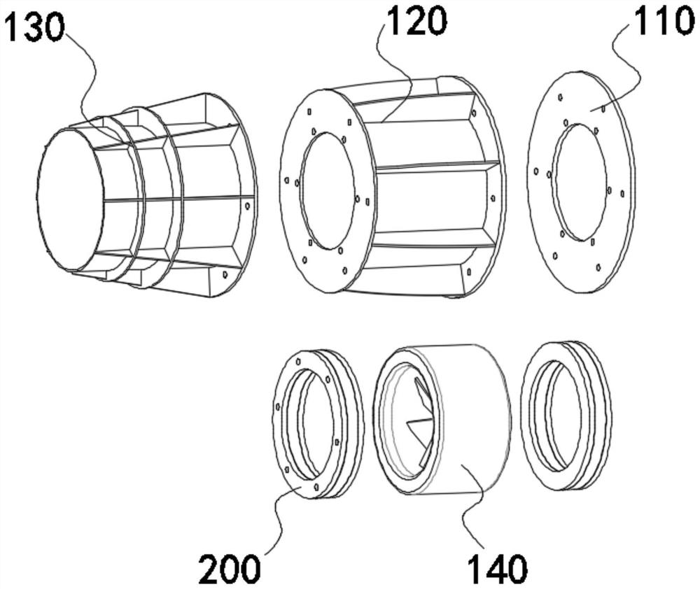 Axial damping device and system for shaftless rim propeller