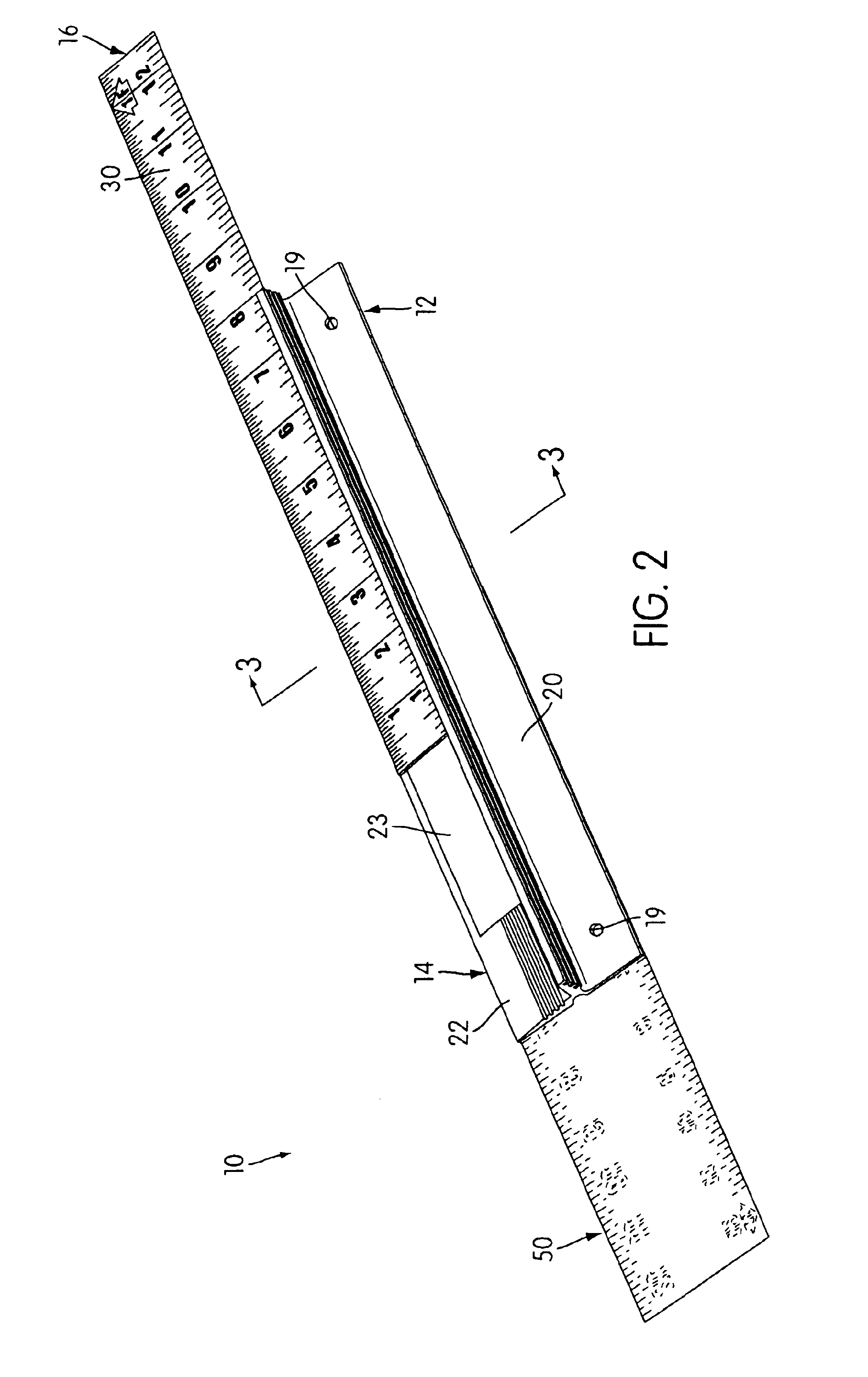 Straight edge to facilitate holding and measuring and to provide protection when cutting
