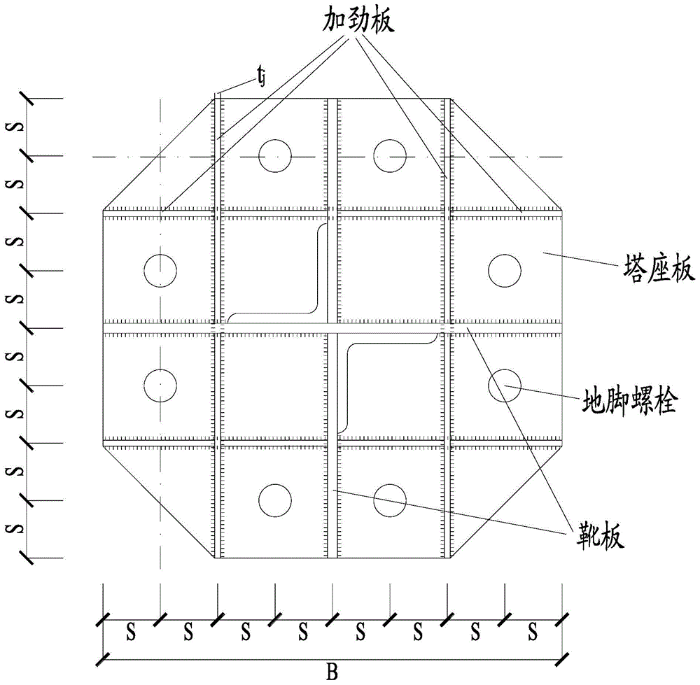 Method for calculating specification of eight-anchor-bolt rigid tower base plate for power transmission tower