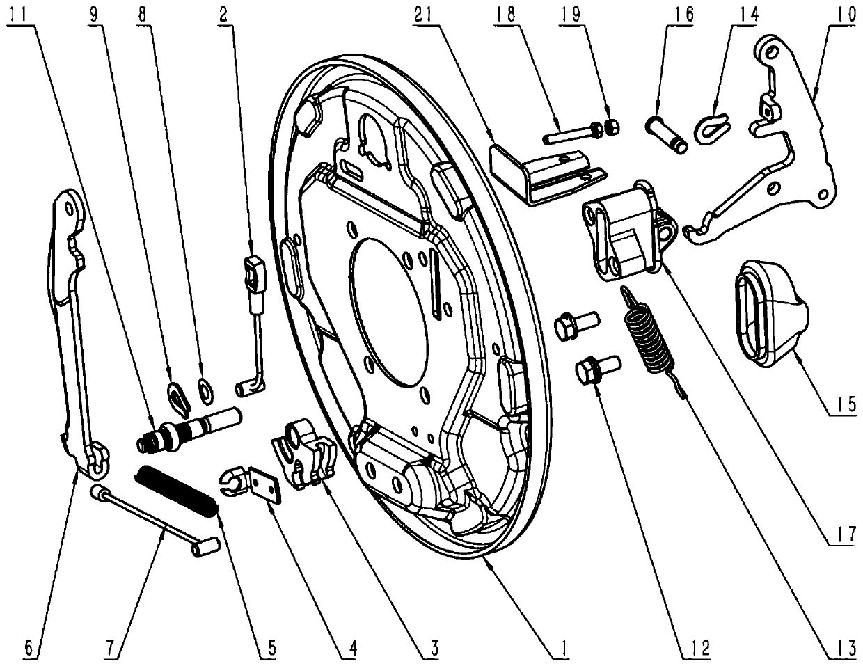 Novel double-pull-wire drum brake with rotating arm mechanism
