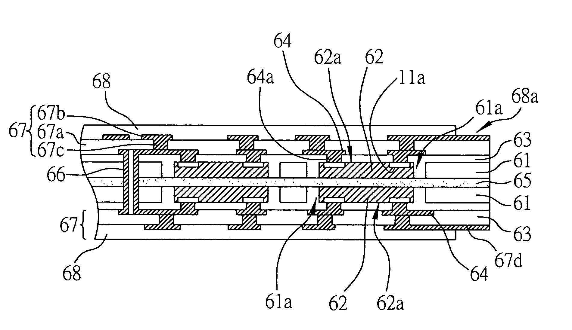 Stack structure with semiconductor chip embedded in carrier