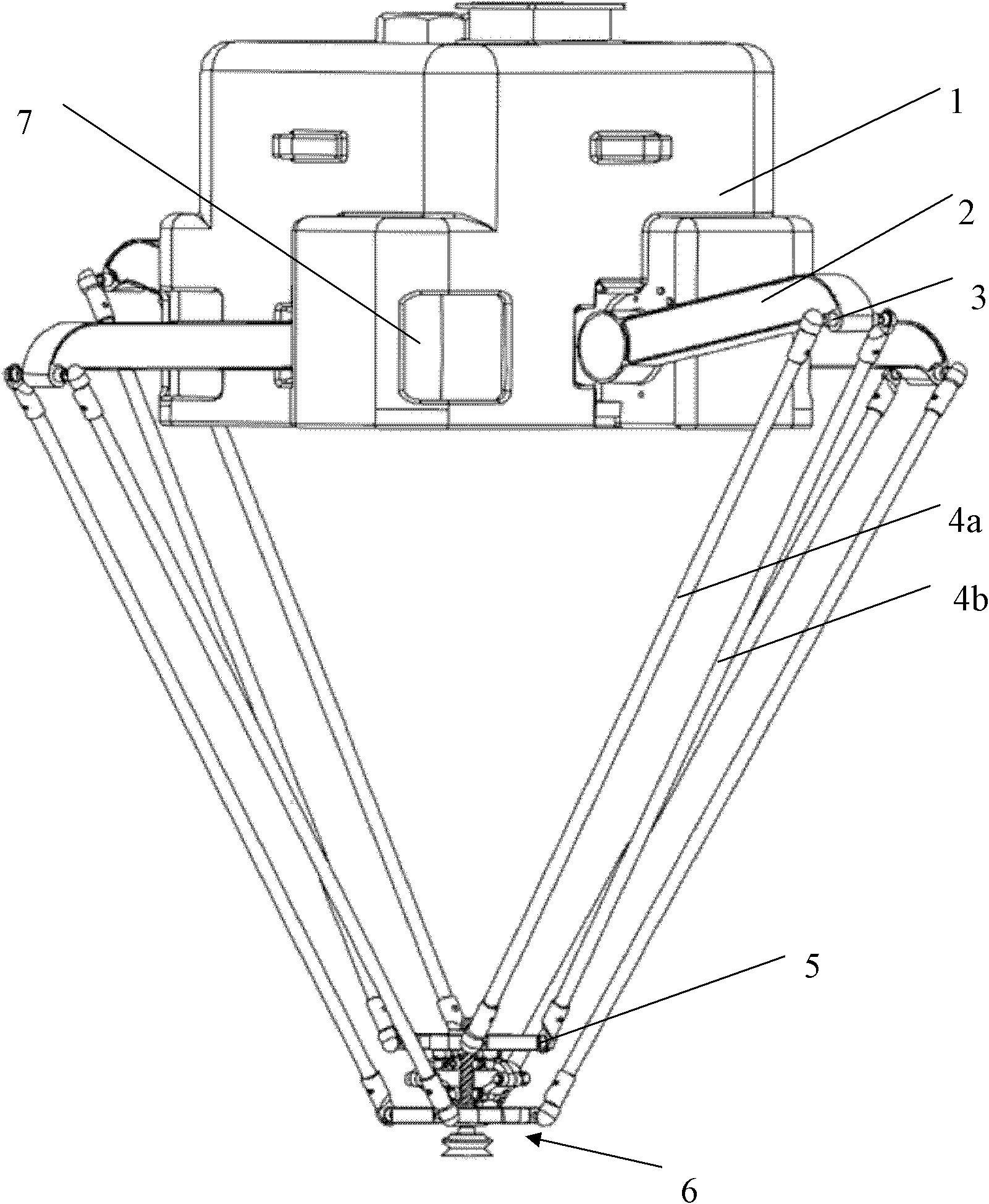 Up-and-down telescopic three-platform one-rotation parallel mechanism