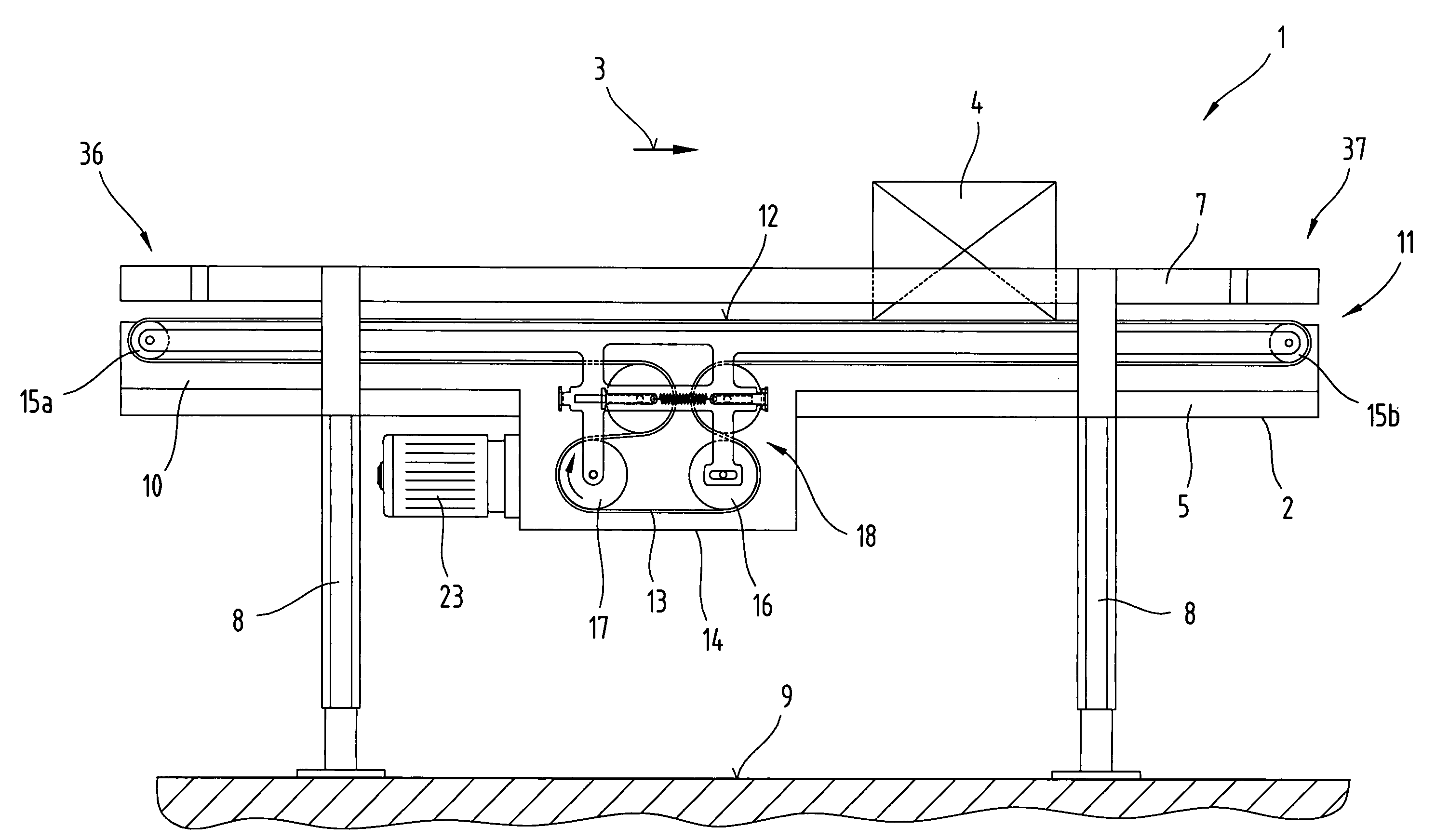 Driving mechanism for the traction-exerting component particularly of a conveyor device