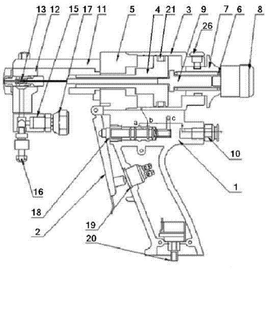 Manual-pneumatic bi-component spray gun