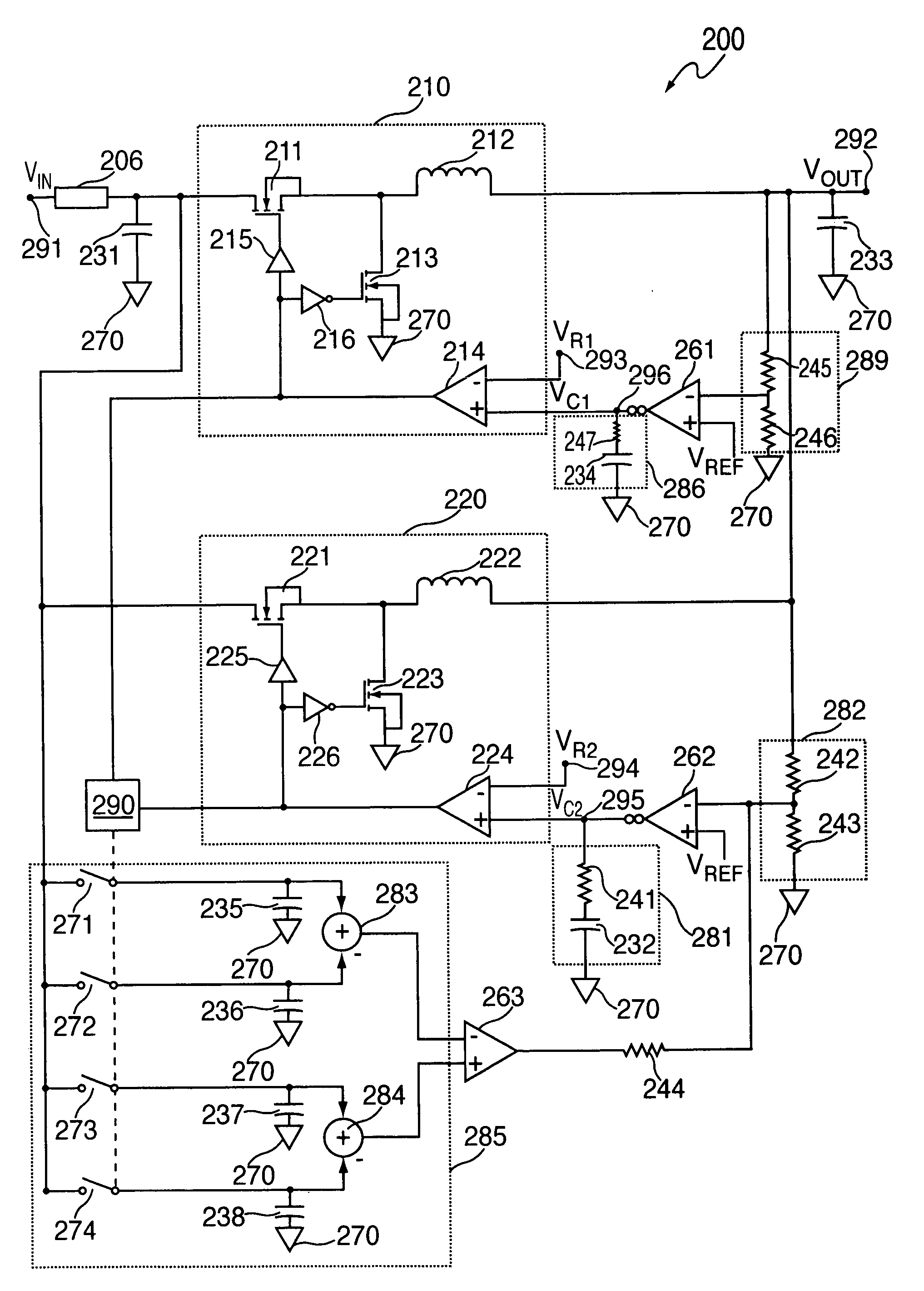 Circuits and methods for providing multiple phase switching regulators which employ the input capacitor voltage signal for current sensing