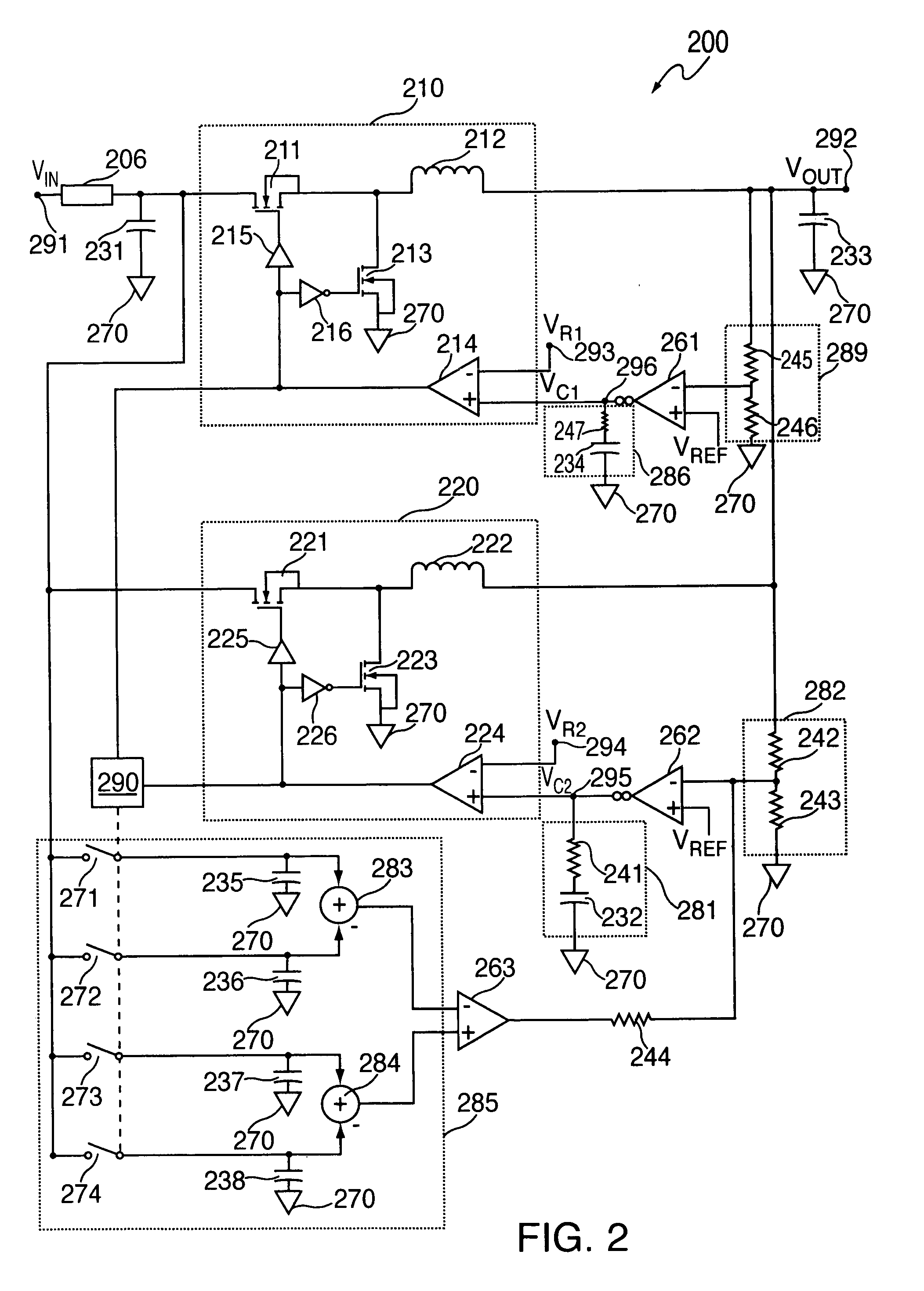 Circuits and methods for providing multiple phase switching regulators which employ the input capacitor voltage signal for current sensing