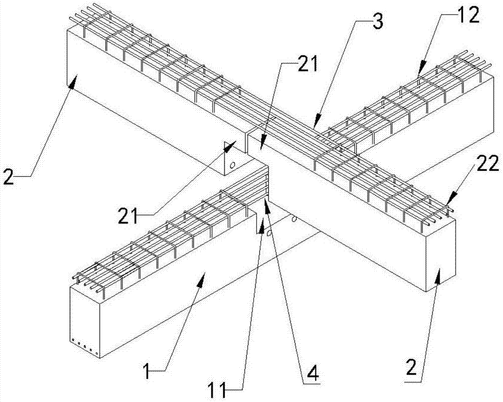 A construction method of a concrete beam cross connection structure provided with tension reinforcement