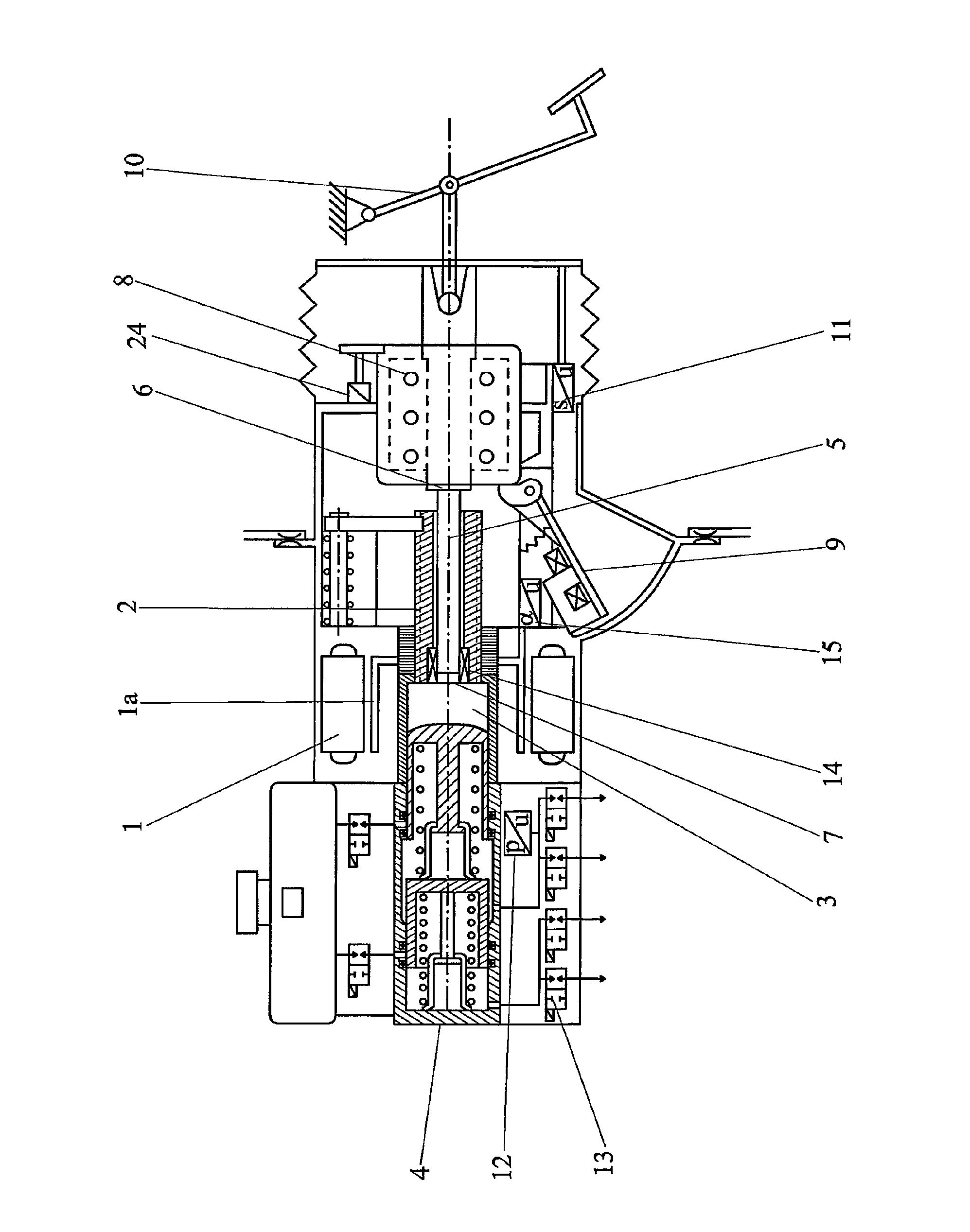 Brake system having a connection, which can be switched by means of a brake pedal, for decoupling a drive device from a piston-cylinder unit