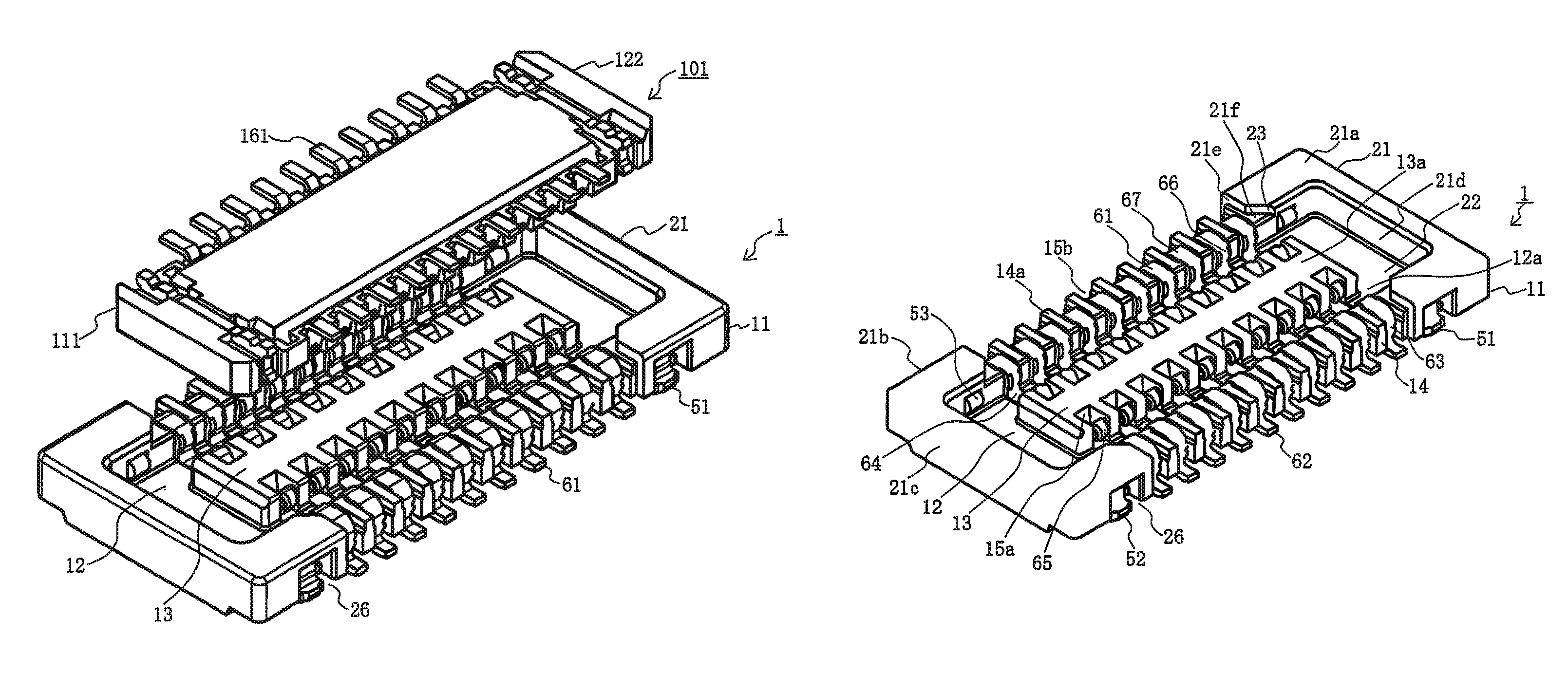 Board-to-board connector having a sidewall portion with a sloped guide surface with cut out