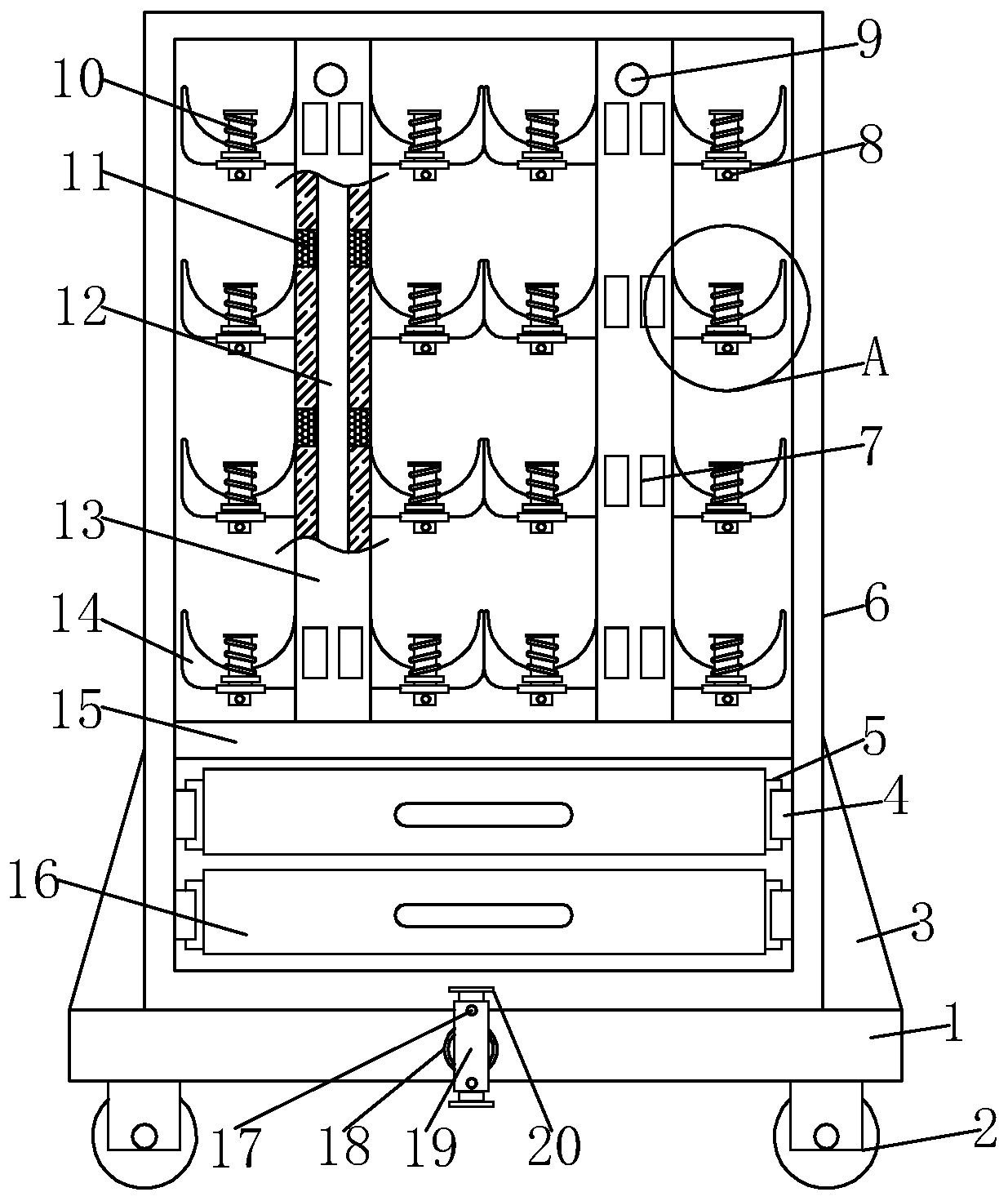 A storage device for shoe-making raw materials that is easy to organize